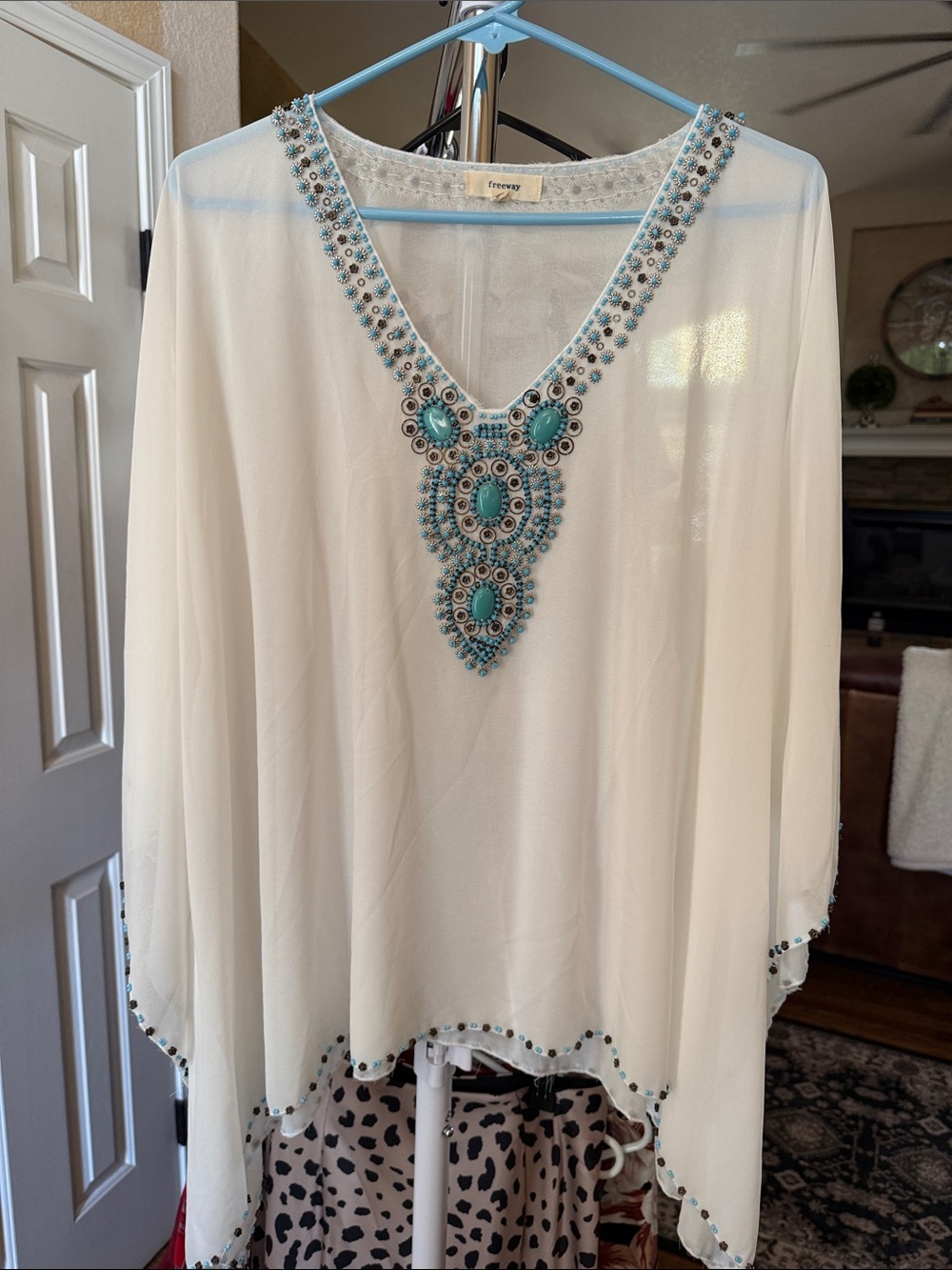 Freeway White Tunic with Turquoise Bead Medallions
